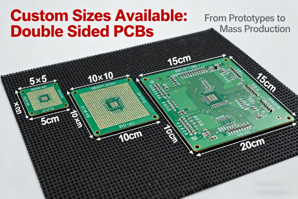 Double-sided PCB panels in multiple custom sizes from 5 by 5 to 15 by 20 centimeters