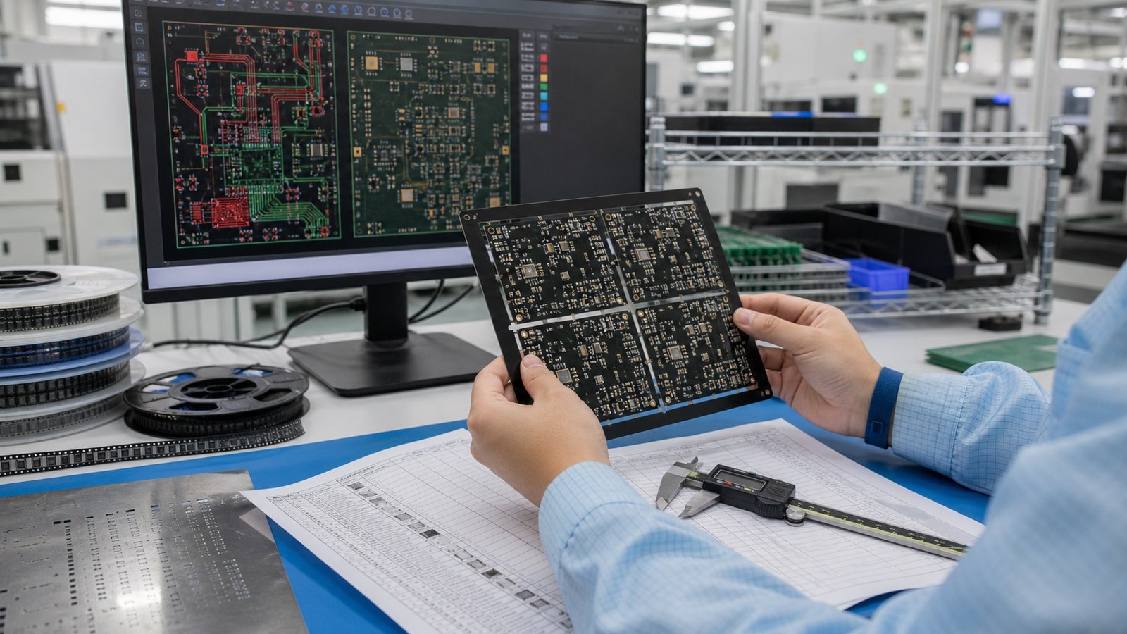 Engineer reviewing a PCBA panel, Gerber data, BOM documents and component reels for a turnkey assembly quotation
