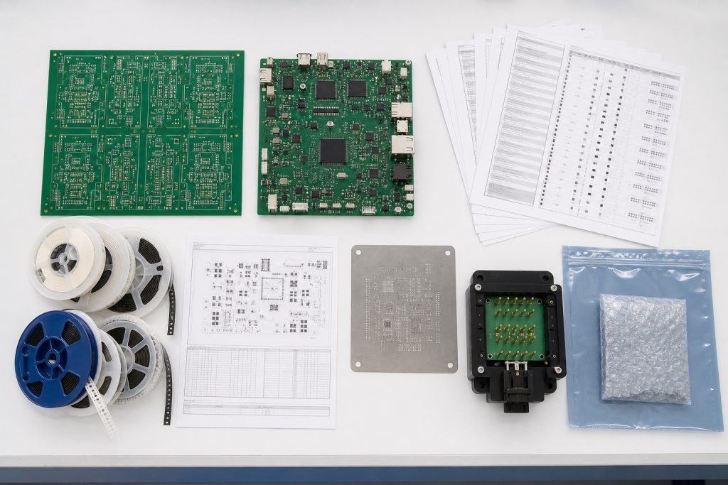 PCB panel, assembled PCBA, BOM, component reels, stencil and test fixture used for a quotation