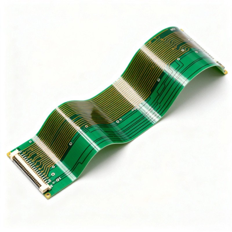 Curved flexible PCB cable with board-to-board connectors at both ends